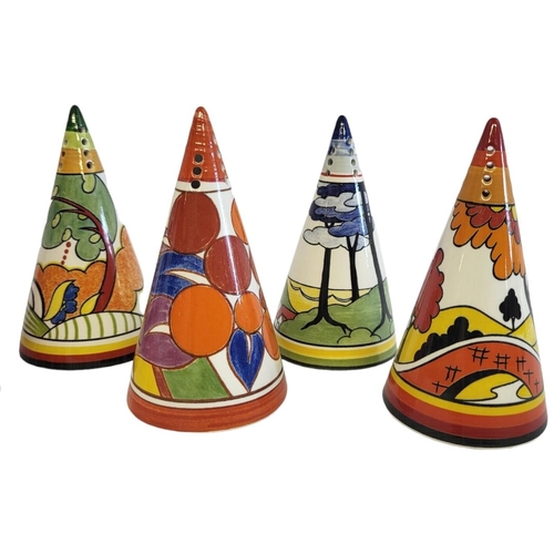 217 - A SET OF TEN CLARICE CLIFF STYLE CONICAL SUGAR SIFTERS
Issued to celebrate centenary of Clarice Clif... 