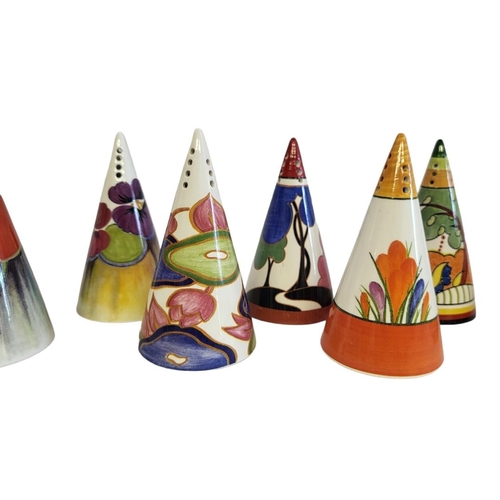 217 - A SET OF TEN CLARICE CLIFF STYLE CONICAL SUGAR SIFTERS
Issued to celebrate centenary of Clarice Clif... 