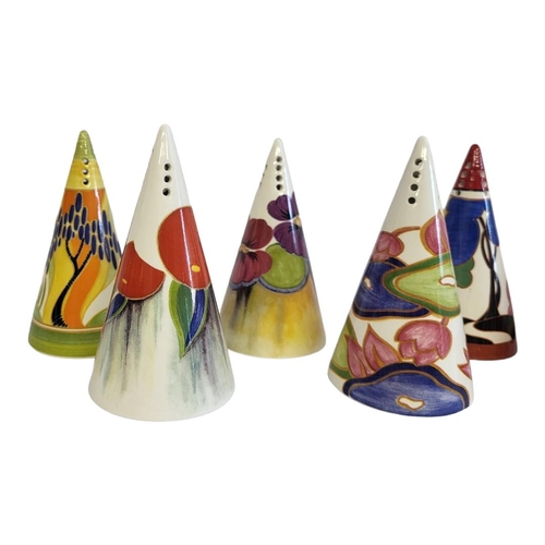 217 - A SET OF TEN CLARICE CLIFF STYLE CONICAL SUGAR SIFTERS
Issued to celebrate centenary of Clarice Clif... 