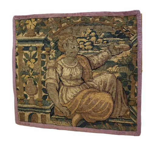 239 - A 17TH CENTURY EMBROIDERED STAMPWORK PANEL PICTURE OF AN ALLEGORICAL ENGLISH/FRENCH FIGURE 
Worked i... 