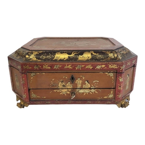 240 - A 19TH CENTURY CHINESE RED AND BLACK LACQUERED BOX
With painted gilded panels, heavenly garden scene... 