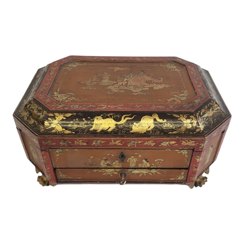 240 - A 19TH CENTURY CHINESE RED AND BLACK LACQUERED BOX
With painted gilded panels, heavenly garden scene... 