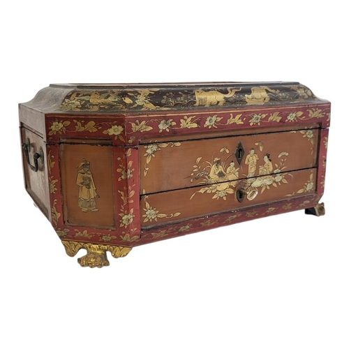 240 - A 19TH CENTURY CHINESE RED AND BLACK LACQUERED BOX
With painted gilded panels, heavenly garden scene... 