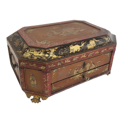 240 - A 19TH CENTURY CHINESE RED AND BLACK LACQUERED BOX
With painted gilded panels, heavenly garden scene... 