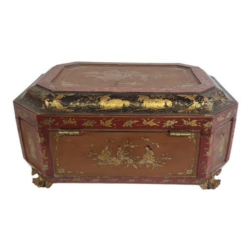 240 - A 19TH CENTURY CHINESE RED AND BLACK LACQUERED BOX
With painted gilded panels, heavenly garden scene... 