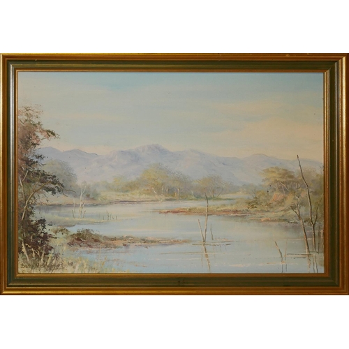 460 - BETTY MICKLEM, A 20TH CENTURY OIL IN BOARD 
Landscape, river view with mountains, signed lower left,... 