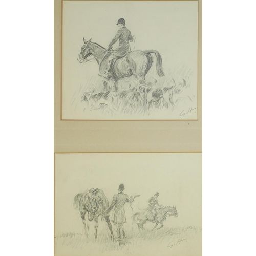 480 - A PAIR OF 19TH/EARLY 20TH CENTURY EQUESTRIAN PENCIL SKETCHES 
Fox hunting scene, with horse, rider a... 