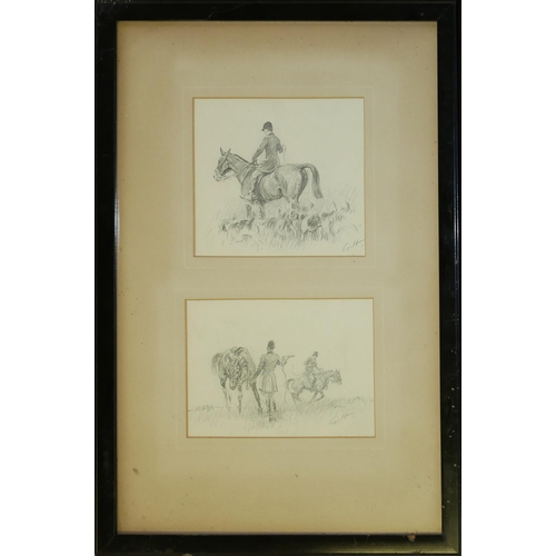 480 - A PAIR OF 19TH/EARLY 20TH CENTURY EQUESTRIAN PENCIL SKETCHES 
Fox hunting scene, with horse, rider a... 