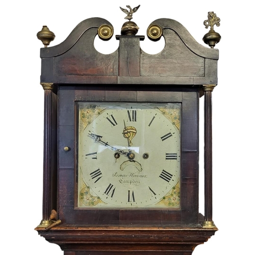 511 - ISSAC WARNER OF CAMPDEN, A 19TH CENTURY EIGHT DAY LONGCASE CLOCK
The painted dial with ballooning sc... 