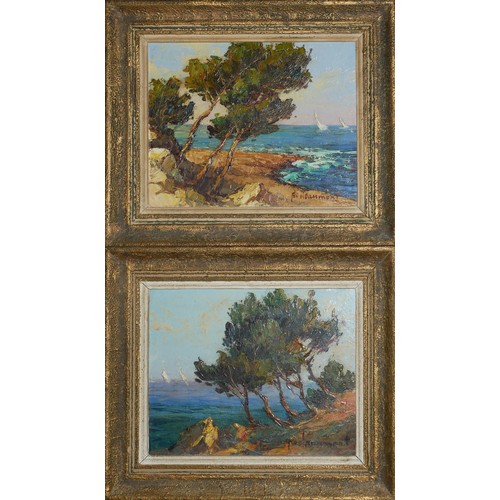 482 - A PAIR OF EARLY 20TH CENTURY CONTINENTAL OIL ON BOARD, LANDSCAPES
Coastal views, tall trees and sail... 