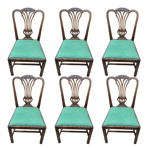 505 - A SET OF SIX GEORGIAN STYLE MAHOGANY DINING CHAIRS
With pierced vase splat backs and green fabric up... 