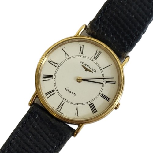 31 - LONGINES, A GOLD PLATED GENT’S WRISTWATCH
Circular white dial with Roman number markings and quartz ... 