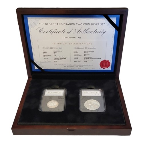 51 - A SILVER GEORGE AND DRAGON TWO COIN PROOF SET
Comprising a 2013 £20 coin and a 2014 Canadian silver ... 