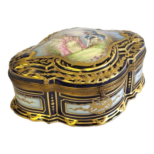 244 - A FINE 19TH CENTURY SEVRES PORCELAIN JEWELLED WATTEAUESQUE DECORATED CASKET/BONBONNIÈRE 
The cover c... 