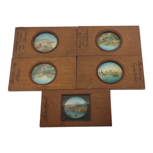 255 - A SET OF FIVE 19TH CENTURY 'CRIMEAN WAR' HAND PAINTED GLASS MAGIC LANTERN SLIDES
Titled 'Embarkation... 