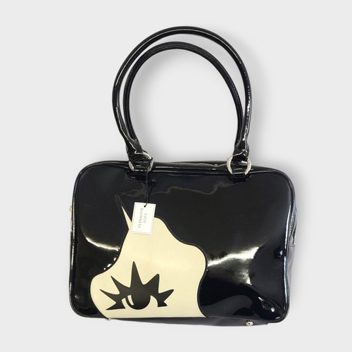 274 - LULU GUINNESS, A PATENT LEATHER MARCEL WAVE DOLL FACE HANDBAG
With black and white face and striped ... 