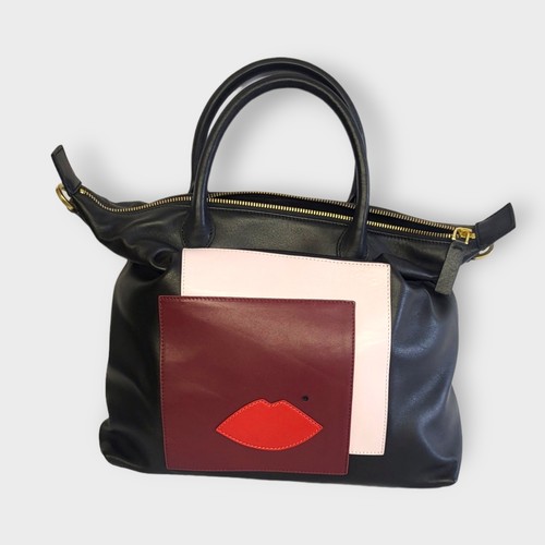 271 - LULU GUINNESS, A LEATHER HANDBAG
Having red, burgundy and lilac leather on black leather ground, com... 