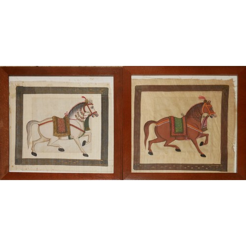 496 - A PAIR OF 19TH CENTURY WATERCOLOUR ON SILK INDIAN MUGHAL EQUESTRIAN STUDIES
White and chestnut horse... 