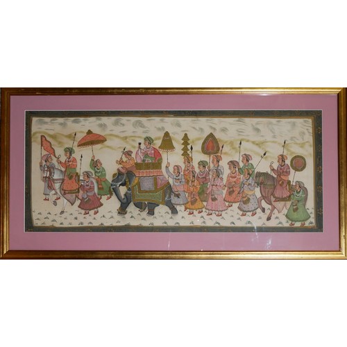 497 - A LARGE LATE 19TH/ EARLY 20TH CENTURY WATERCOLOUR ON SILK INDIAN MUGHAL GROUP PORTRAIT
Procession wi... 