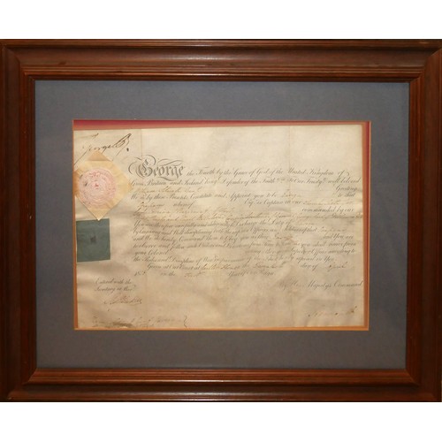 515 - A KING GEORGE IV SIGNED MILITARY APPOINTMENT ON WAX PAPER
Awarded to William sitwell, to become 'Ens... 