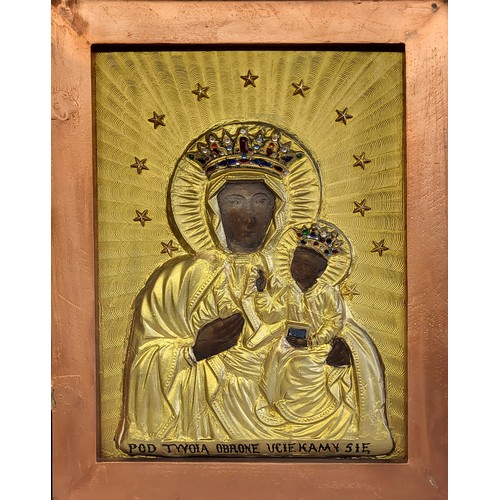 239A - A 19TH CENTURY POLISH OIL ON PANEL RELIGIOUS ICON
Madonna and Child set with paste stones on gilt gr... 