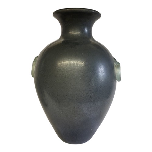 315 - A LARGE LATE 20TH CENTURY  GLOBULAR ROMAN AMPHORA STYLE  MOTTLED OLIVE GREEN GLASS VASE
Applied to b... 