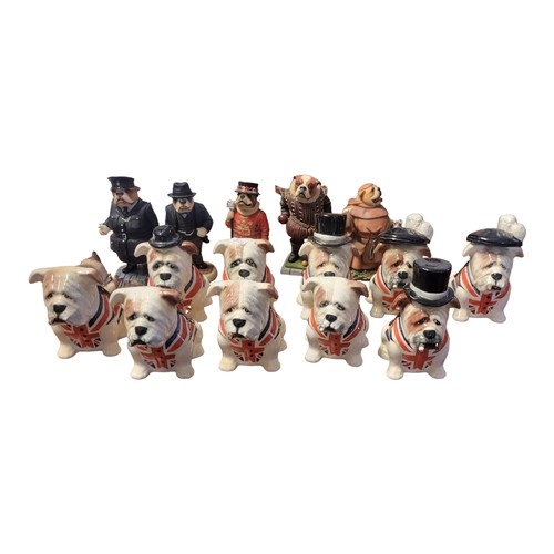 318 - A SET OF TEN MANOR COLLECTABLES OF STAFFORDSHIRE PORCELAIN NOVELTY FIGURES OF SEATED BRITISH BULLDOG... 