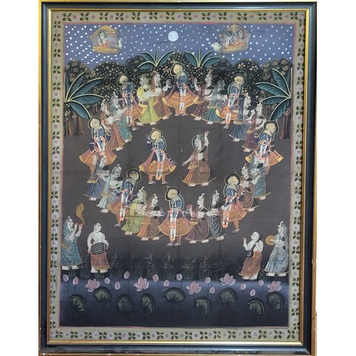 435 - A VINTAGE INDIAN 'RASA LISA' (ETERNAL DANCE) WATERCOLOUR ON FABRIC
Traditional scene with musicians ... 