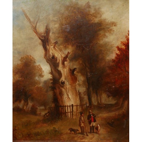 441 - A 19TH CENTURY OIL ON BOARD LANDSCAPE
Two figures wearing period attire with gun dogs, bearing a pla... 