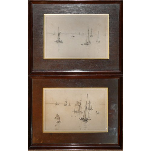 444 - WILLIAM LIONEL WHYLIE, 1851 - 1931, A  PAIR OF MARINE BLACK AND WHITE ETCHINGS
Sailing boats with ta... 