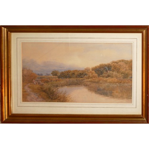 442 - DAVID LAW, 1831 - 1902, WATERCOLOUR
Landscape, 'On The Thames near Goring Figures Near a River’, sig... 