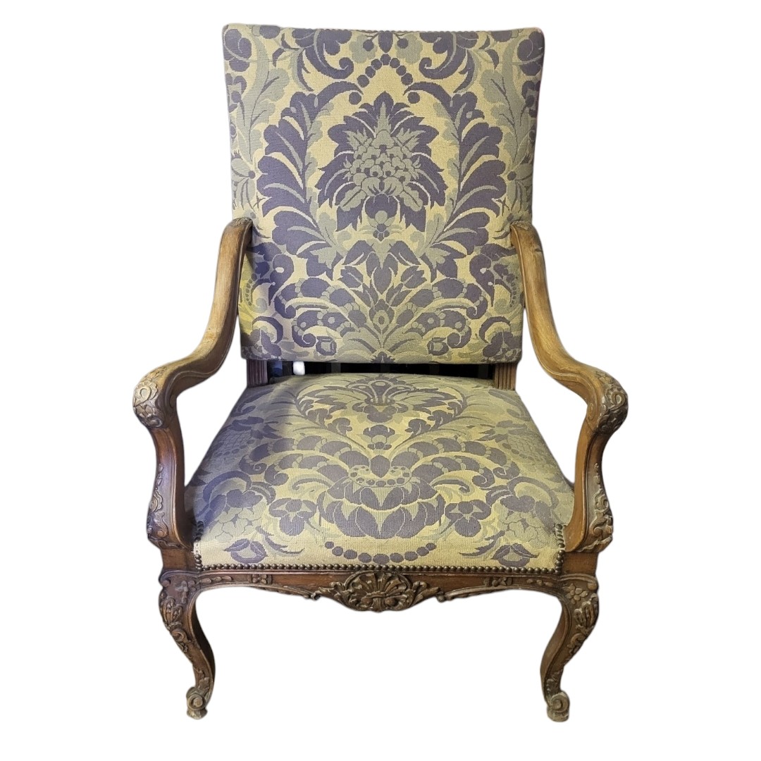 French Louis XV style carved walnut upholstered arm chair - Mary