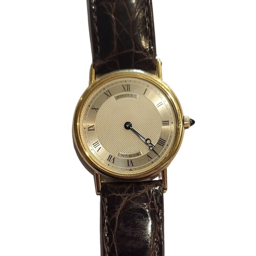 98 - BREGUET, NO 608, A VINTAGE 18CT GOLD GENT’S WRISTWATCH
Having a textured silver tone dial and sapphi... 