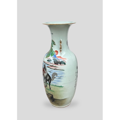 355 - A LARGE ANTIQUE CHINESE EXPORT PORCELAIN VASE 
Decorated with a rural landscape view with horses, po... 