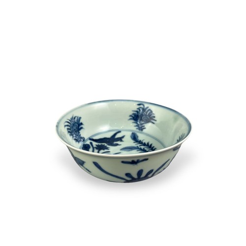 346 - A CHINESE MING DESIGN BLUE AND WHITE PORCELAIN BOWL
Hand painted with water plants and birds, bearin... 