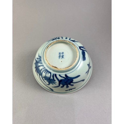 346 - A CHINESE MING DESIGN BLUE AND WHITE PORCELAIN BOWL
Hand painted with water plants and birds, bearin... 