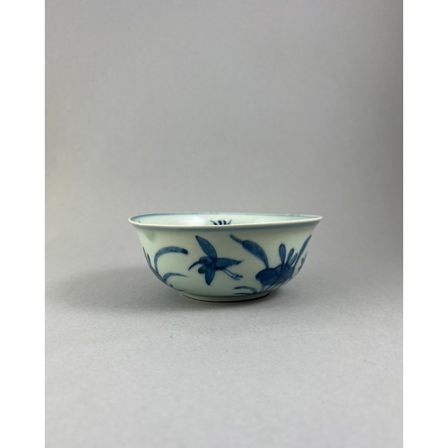 346 - A CHINESE MING DESIGN BLUE AND WHITE PORCELAIN BOWL
Hand painted with water plants and birds, bearin... 