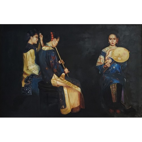 416 - AFTER CHEN YIFEI, 1946 - 2005, OIL ON CANVAS GROUP 
Portrait, titled 'Three Shaghai Ladies, musician... 