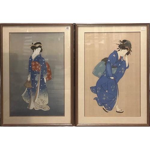 422 - AFTER UEMURA SHOEN,1875-1949, A PAIR OF WATERCOLOUR PORTRAITS ON SILK Bijinga form of females wearin... 