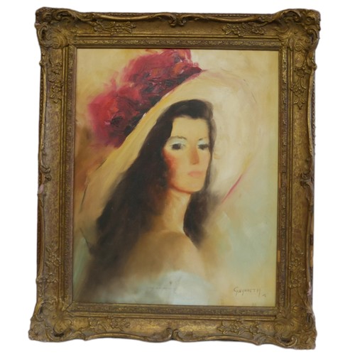 446 - GWYNNETH, A MID CENTURY OIL ON CANVAS PORTRAIT
Female wearing large hat with red feathers, signed lo... 