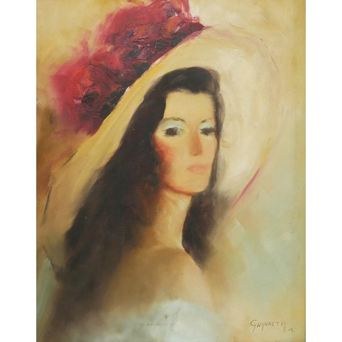 446 - GWYNNETH, A MID CENTURY OIL ON CANVAS PORTRAIT
Female wearing large hat with red feathers, signed lo... 