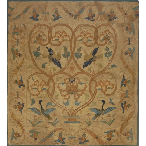 438 - A LATE 18TH/EARLY 19TH CENTURY CHINESE SILK TAPESTRY
Exotic birds with floral motifs, framed and gla... 