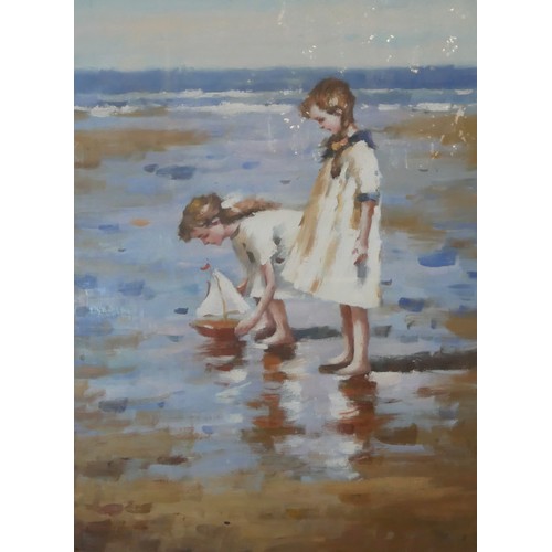 405 - 20TH CENTURY OIL ON BOARD, YOUNG GIRLS PLAYING ON THE BEACH WITH POND YACHT
Unsigned, framed and gla... 