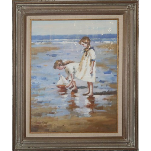 405 - 20TH CENTURY OIL ON BOARD, YOUNG GIRLS PLAYING ON THE BEACH WITH POND YACHT
Unsigned, framed and gla... 