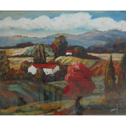 407 - DAUF,  20TH CENTURY CONTINENTAL SCHOOL OIL ON BOARD 
Colourful landscape, signed, framed and glazed.... 