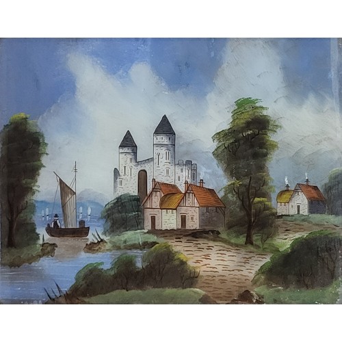 436 - AN EARLY 20TH CENTURY CONTINENTAL REVERSE GLASS LANDSCAPE
Castle with small sailboat, framed.
(image... 