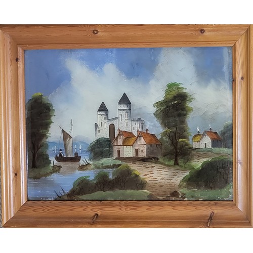 436 - AN EARLY 20TH CENTURY CONTINENTAL REVERSE GLASS LANDSCAPE
Castle with small sailboat, framed.
(image... 