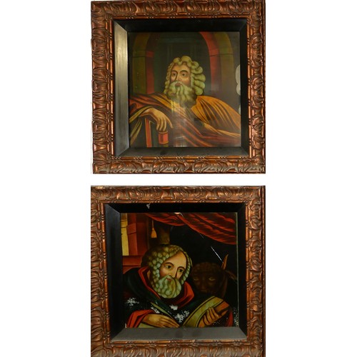 440 - A PAIR OF LATE 18TH/19TH CENTURY REVERSE GLASS PORTRAIT PAINTINGS
Classical scholar with mythical be... 