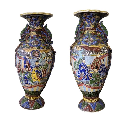 353A - A PAIR OF EARLY 20TH CENTURY JAPANESE SATSUMA EARTHENWARE TAISHO PERIOD BALUSTER SHAPED VASES, CIRCA... 