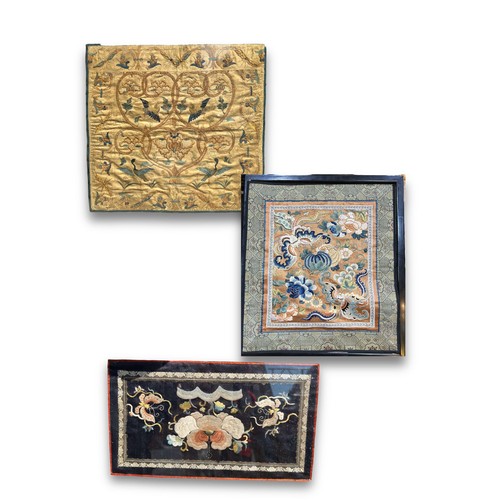 437 - A COLLECTION OF THREE LATE 19TH/EARLY 20TH CENTURY CHINESE SILK TAPESTRIES Panel embroidered with ba... 